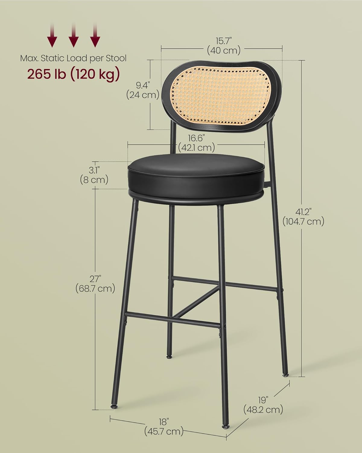 VASAGLE Bar Stools Set of 2, Bar Height Stools with Rattan Back and Metal Legs, 30.1-Inch Tall Counter Chairs, Modern Leather Upholstered Barstools for Kitchen Island Dining Room, Ink Black