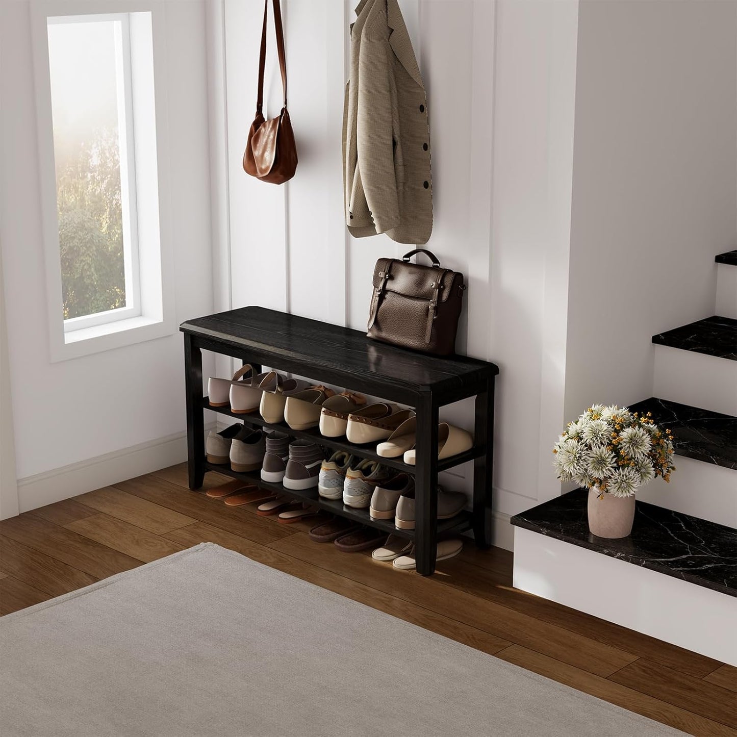 Wood Shoe Rack Bench for Entryway, 2 Tier Shoe Rack for Front Door Entrance, Shoe Bench with Shoe Storage for Entryway, Bedroom, 31.5"