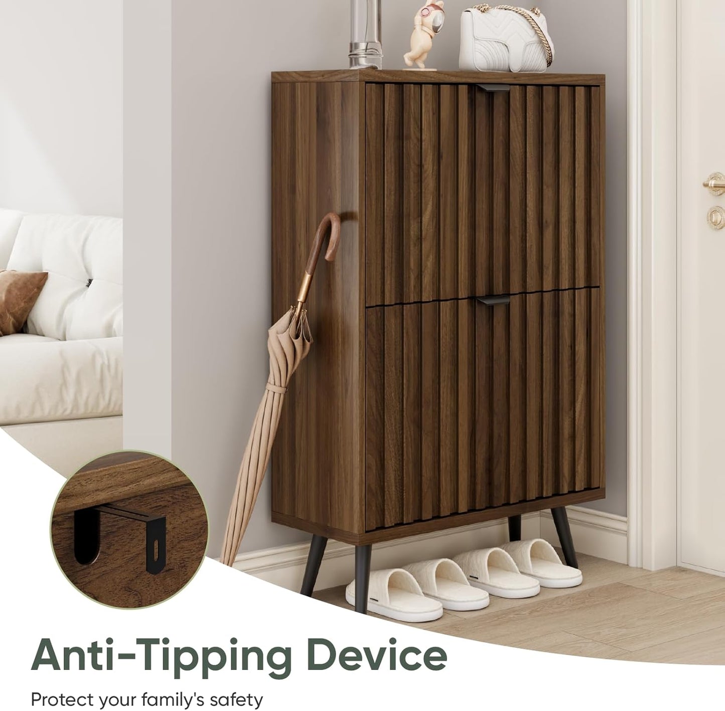 Smuxee Shoe Cabinet with 2 Flip Drawers, 23.6" Walnut Hidden Shoe Storage Cabinet with Fluted Design, Freestanding Shoe Organizer Cabinet for Entryway, Hallway, Closet, Living Room