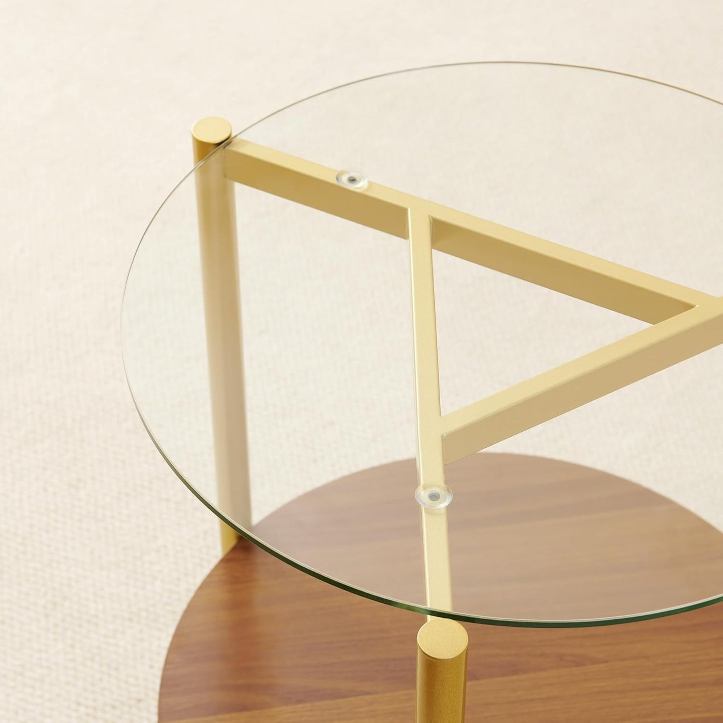 Round End Table, Mid-Century Modern Design, D20*H23 inch, for Living Room, 2-Tier Structure, Clear Glass Top and Walnut MDF Shelf, Sleek Conical Metal Legs with Gold Finish