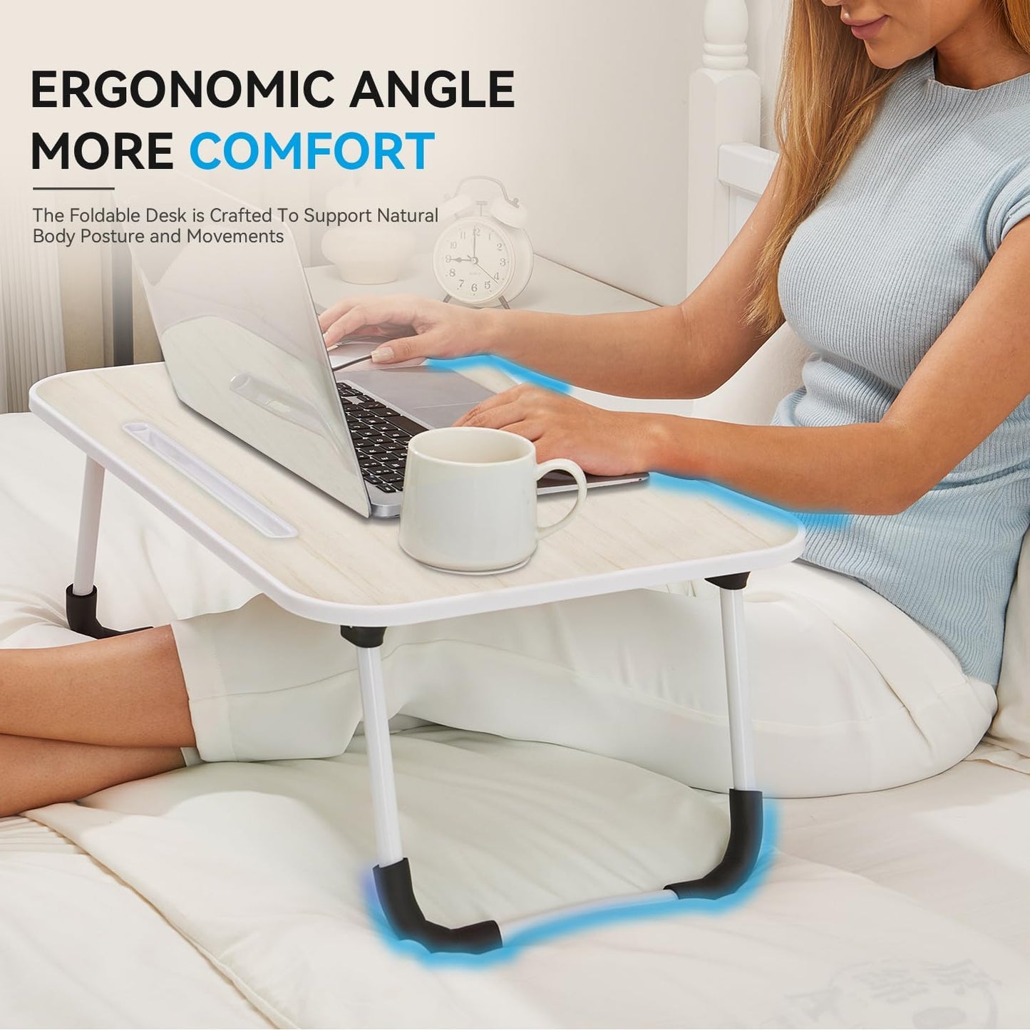 BUYIFY Folding Lap Desk, 23 Inch Portable Wood White Oak Laptop Bed Desk Lap Desk with Cup Holder, for Working Reading Writing, Eating, Watching Movies for Bed Sofa Couch Floor