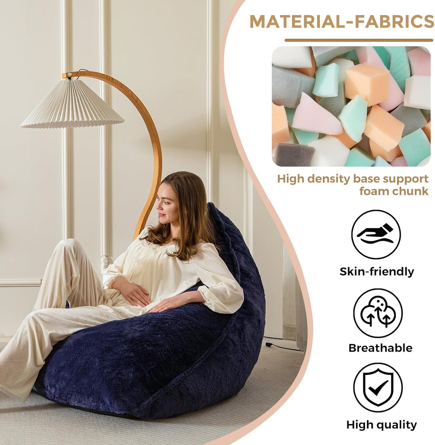 BYBYME Bean Bag Chairs Sherpa Lazy Sofa, Giant Beanbag Chairs for Adults, Teenagers with Stuffed High Density Foam Filling, Comfy Chair for Living Room, Bedroom