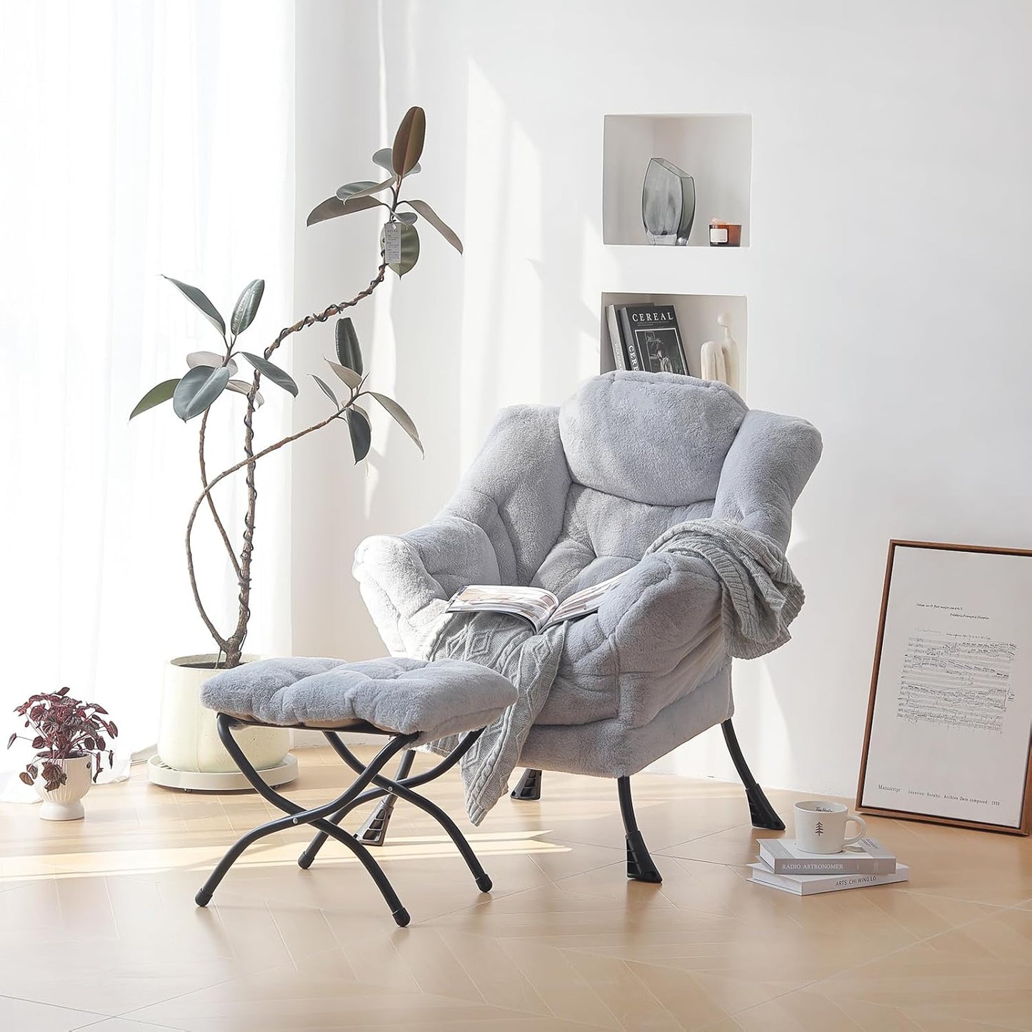 Plush Lazy Chair and Ottoman, Large Contemporary Accent Lounge Chair with Armrests and a Side Pocket, Modern Leisure Upholstered Sofa Reading Armchair with Footrest for Bedroom, Living Room