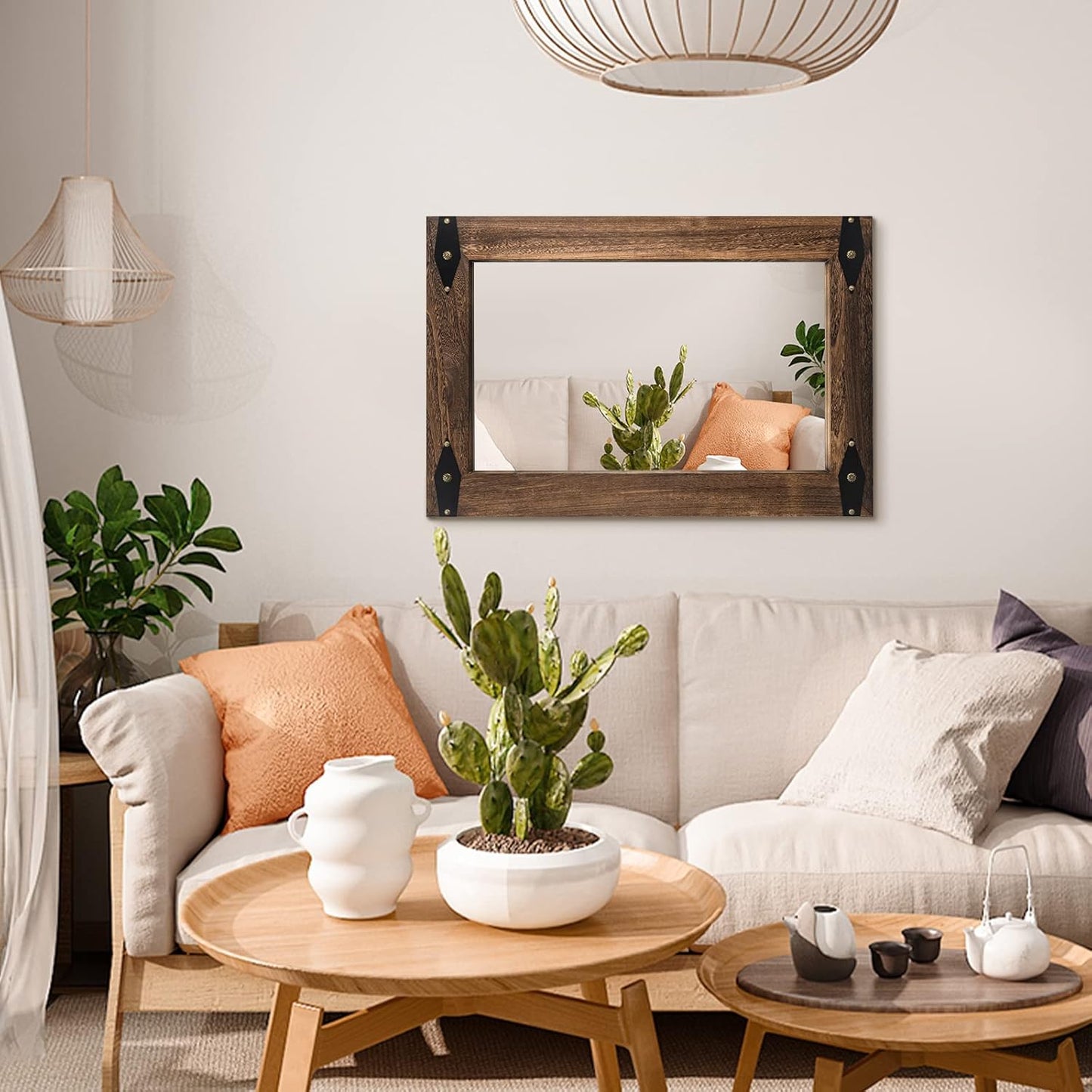 Farmhouse Rustic Mirror Wood Framed for Bathroom, Decorative Bathroom Mirror for Wall Wood, Wall Mounted Rectangular Mirror for Bedroom Living Room, Wood Mirror 24x36 Inch