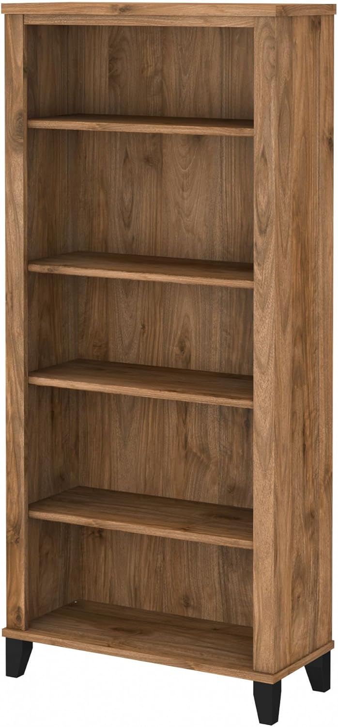 Bush Furniture Somerset 5 Shelf Bookcase in Fresh Walnut, Tall Bookshelf, Large Book Shelf for Living Room, Home Office, or Entryway