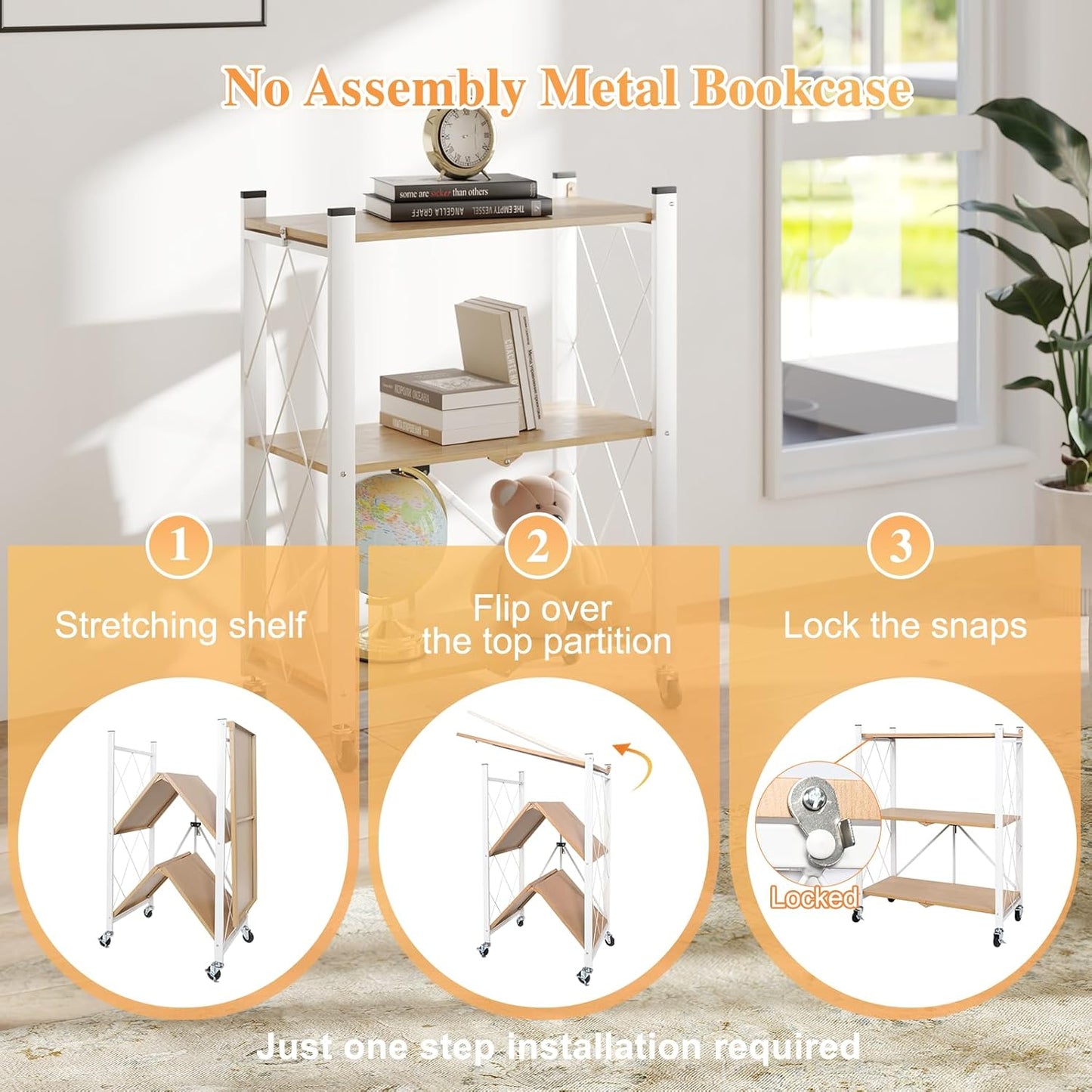 BAOYOUNI 3-Tier Vintage Industrial Bookshelf - No Assembly Folding Storage Shelf with Woodgrain Finish | Collapsible Metal Bookcase for Living Room, Office & Bedroom