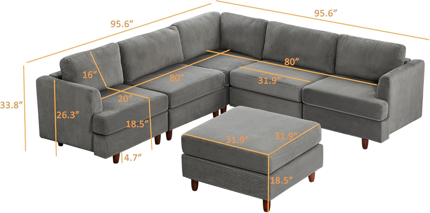127.5" L/U-Shaped Sectional Couch with Movable Ottoman & 6 Removable Back Cushion, Corduroy Fabric Upholstered 6 Seat Modular Sleeper Sofa,DIY Free Combination Couches for Living Room,Grey