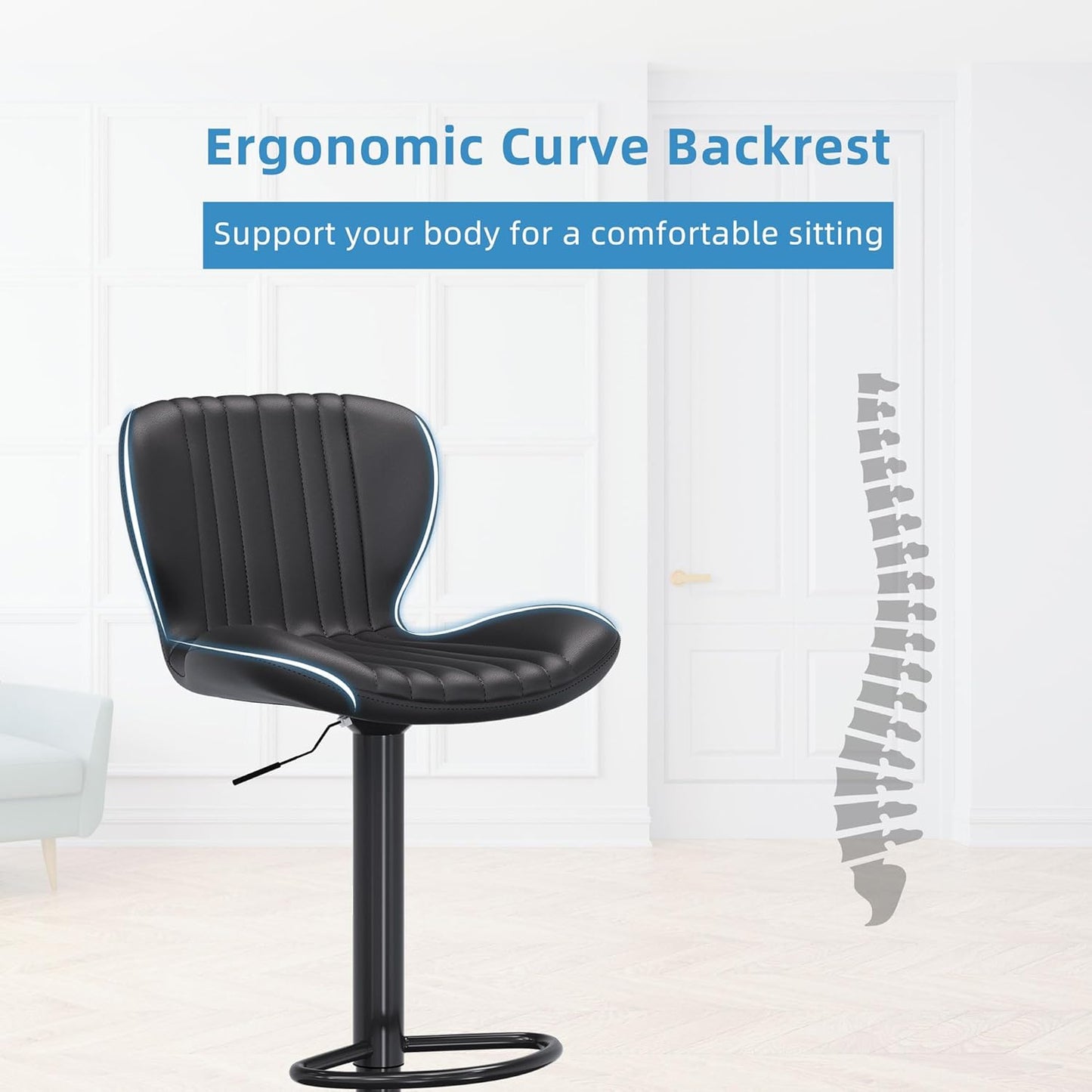 Shintenchi Bar Stools Set of 6 Modern Swivel Bar Chairs, Counter Height Faux Leather Metal Barstools, Upholstered Island Chairs with Back and Footrest, Black