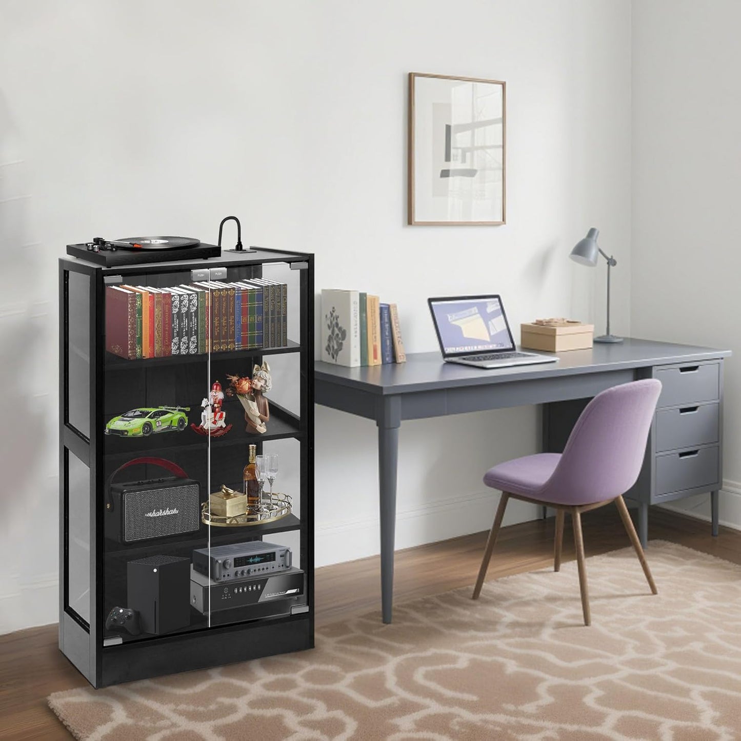 4-Tier Media Cabinet with LED Lighting, Audio/Video Stand Featuring Built-in USB Ports and Electrical Outlets, Designed for Living Rooms and Gaming Spaces, Glass Doors