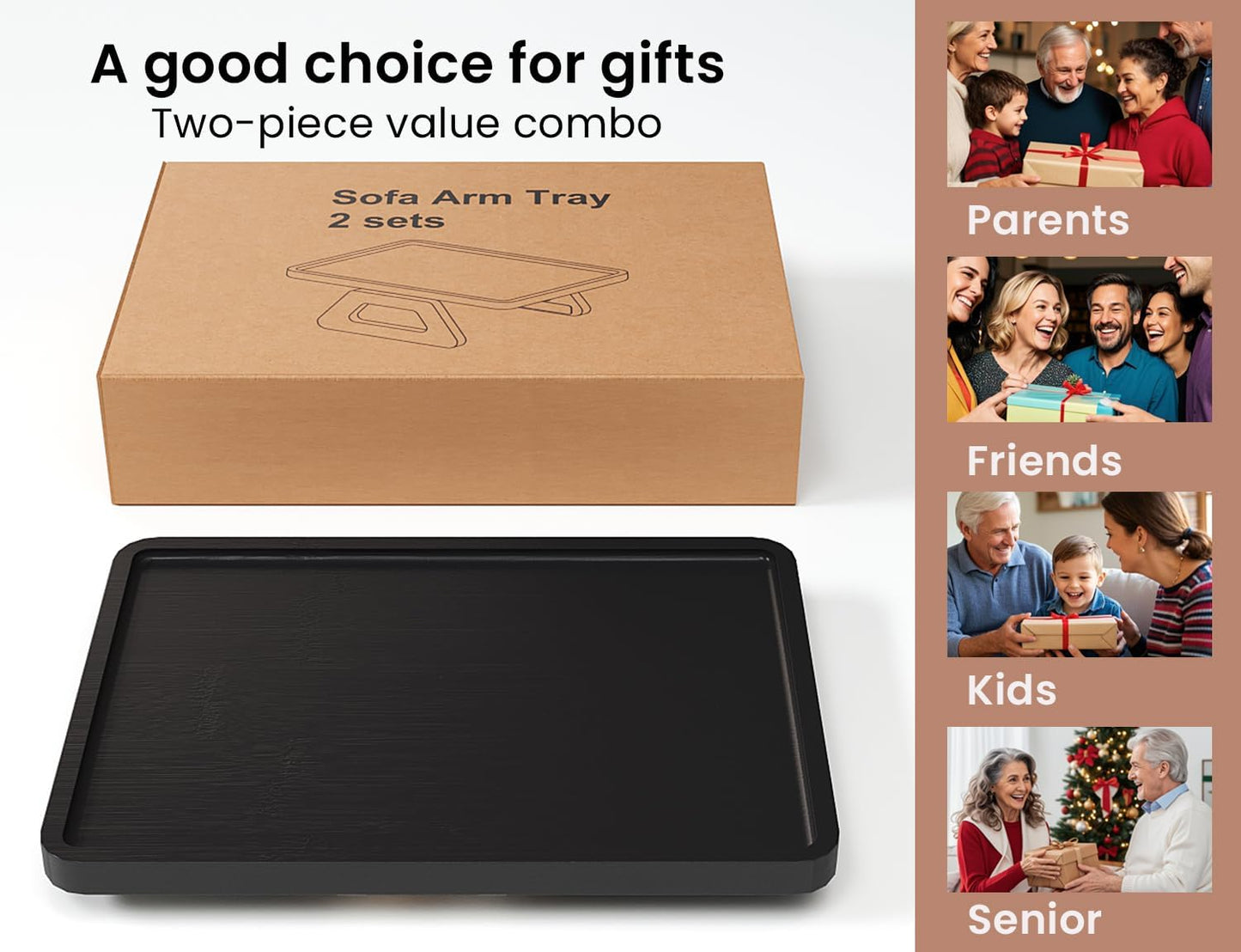 2 Pack Couch Arm Tray,Bamboo Folding Sofa Tray,Sofa Armrest Trays Clip-On Couch Desk for Drinks,Snacks,Phone,Remote Control(Black)