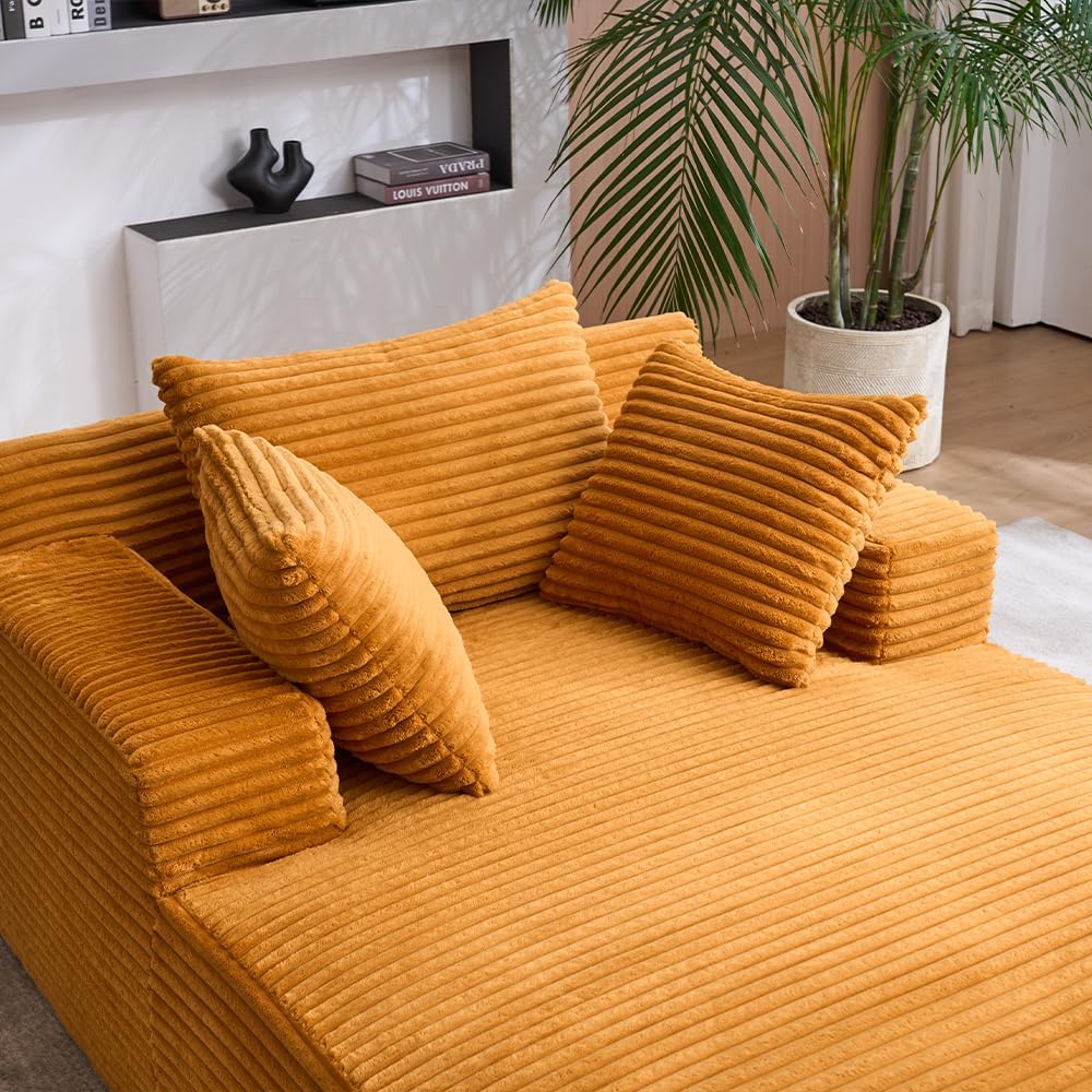 Oversized Chaise Daybed Lounge Sleeper Chair Sofa Bed Indoor, Fluffy Corduroy Upholstered Sleeper Recliner Sofabed Extra Wide Full Foam Cloud Sofabed W/3 Pillows for Home/Apartment Living Room Bedroom