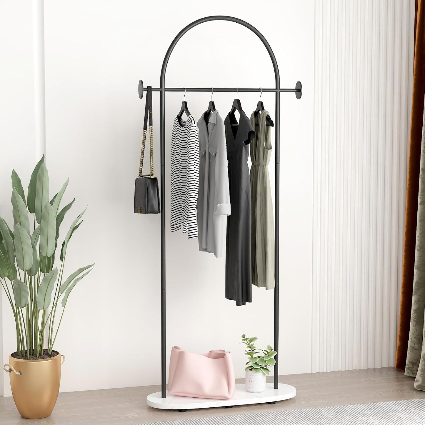 Black Clothing Rack, Modern Clothes Rack with Shelf, Heavy Duty Freestanding Coat Rack, Metal Coat Hanger Stand with Hooks for Boutique Office