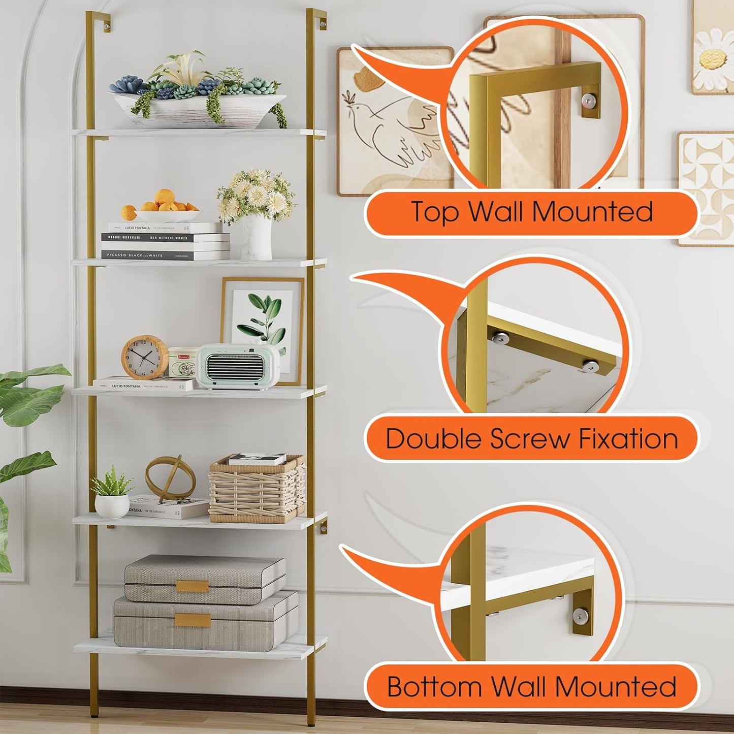 5 Tiers Ladder 2-Piece Shelf White Marble Modern Bookshelf Open Tall Wall Mount Bookcase Standing Leaning Wall Shelves Industrial Decorative