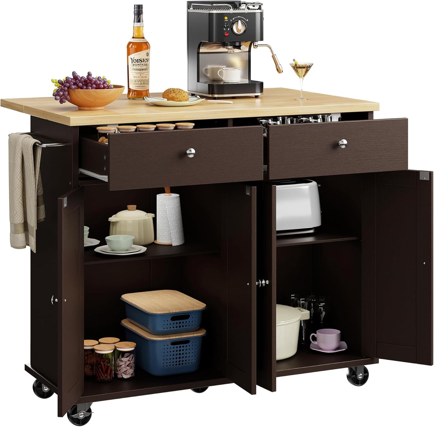 Shintenchi Kitchen Island with Drop Leaf, Rolling Kitchen Cart with Storage on Wheels, Table Bar Cart for Kitchen with Towel Rack & Seating Area for Dining Room, Brown