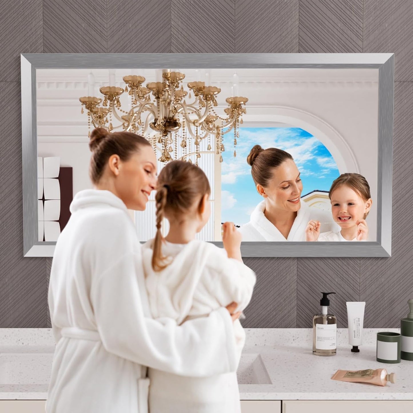 Amorho 50 X30 Inch Bathroom Mirror Silver, Thick Metal Framed Wall Mirrors for Over Sink, Brushed Nickel Mirror Perfect for Bedroom, Living Room, Entryway, Rectangle (Horizontal/Vertical).