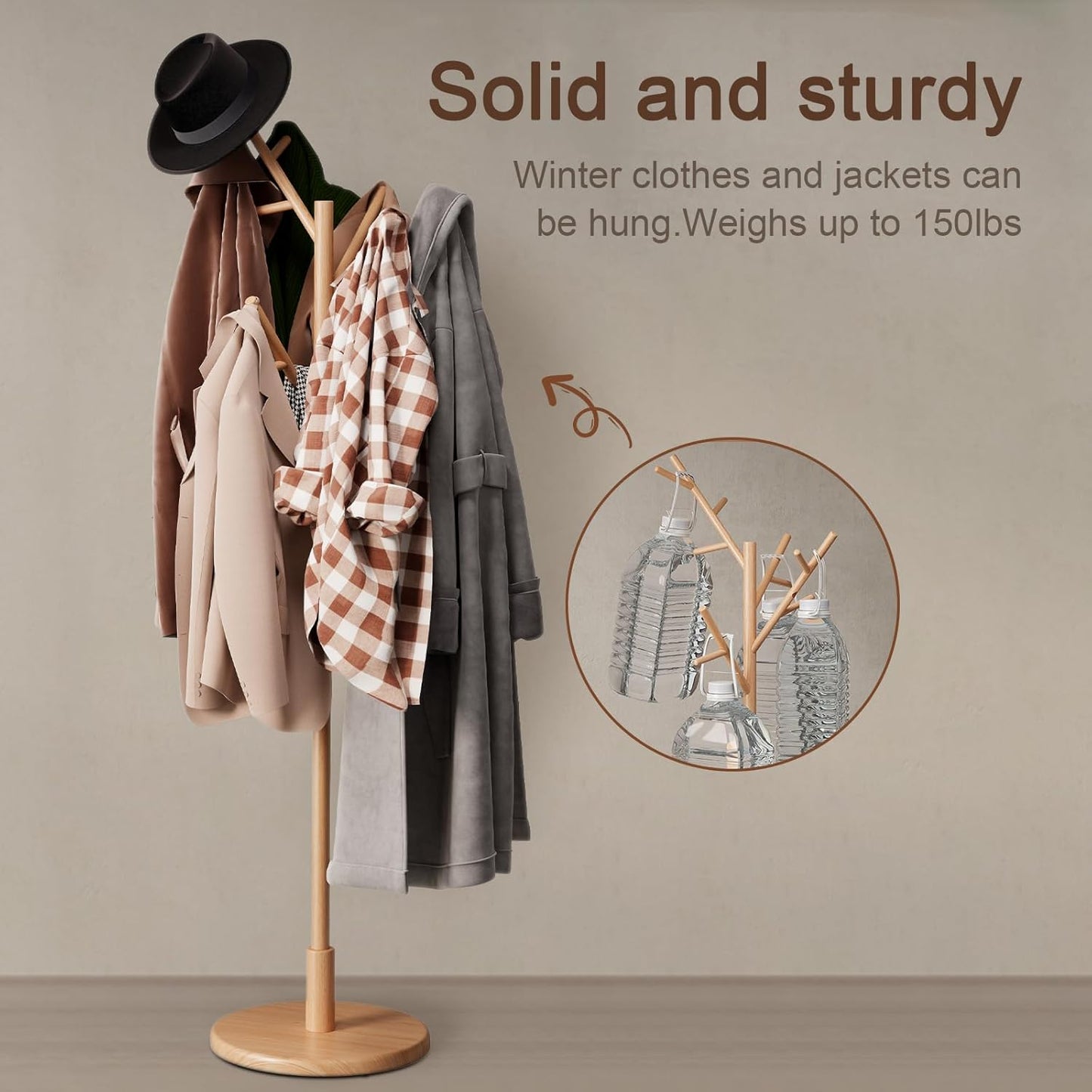 Coat Rack,Solid Wood Coat Rack Freestanding with 12 Hooks,Coat tree freestanding 3 Adjustable Heights for coat, Hats, Handbags,Coat Stand for Entryway,Bedroom (Natural)