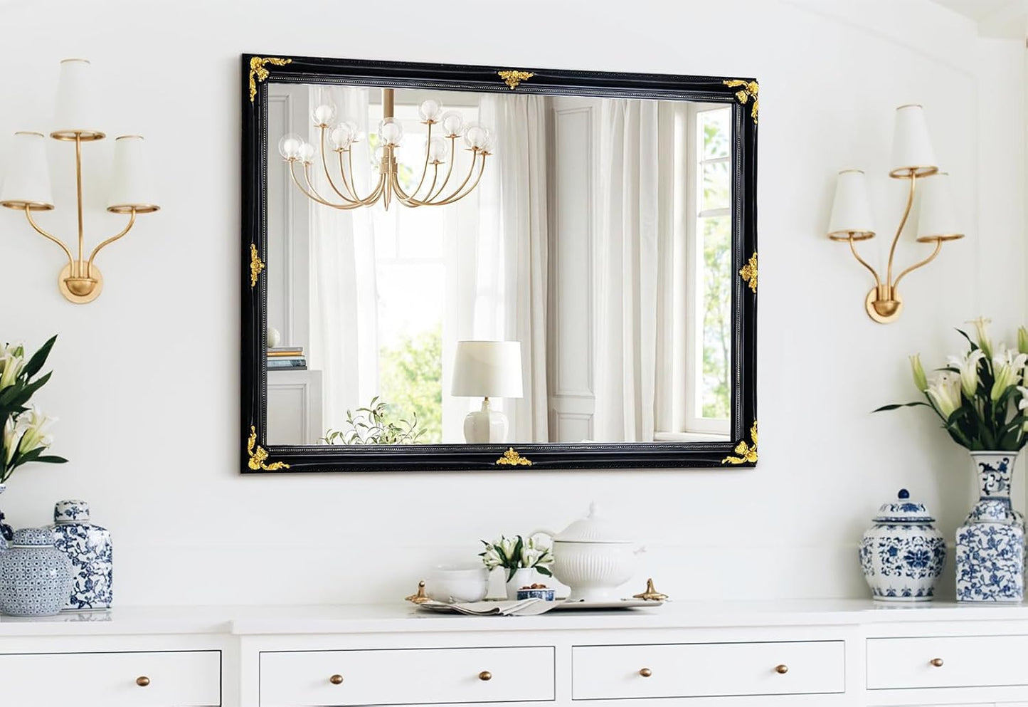 39" x 27" Large Vintage Decoration Mirror, Dark Antique Mirror Wall Decor for Living Room Fireplace, Black and Gold Victorian Wood Frame Glass Wall Decor for Bathroom