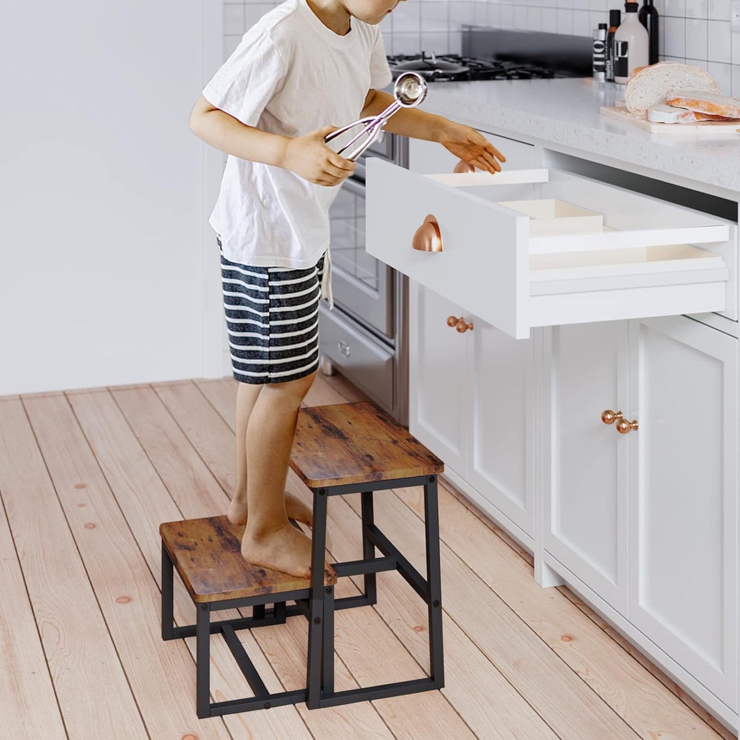 Step Stool for Adults & Kids,Holds up to 500Lb,3 in1 Heavy Duty Sturdy Wooden 2 Stepstool for Kichen/Bathroom/High beds, Metal Frame, Non-Slip Pads