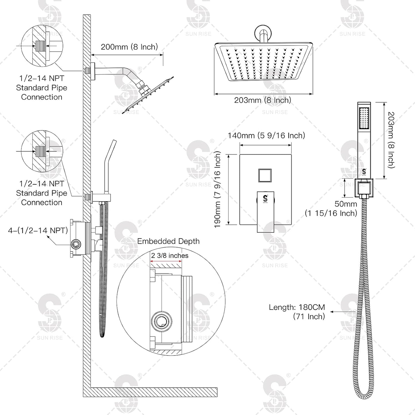 SR SUN RISE Shower Faucet Set - Shower Valve with 8 Inch Rainfall Shower Head and Handheld Shower - Wall Mounted Shower System with Rough In Valve and Shower Faucet Trim Repair Kits - Brushed Nickel
