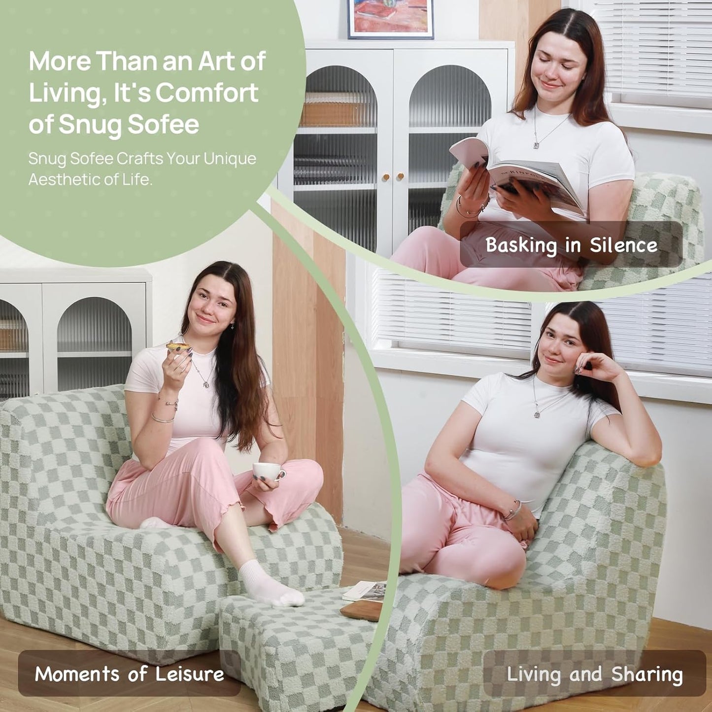 Giant Bean Bag Chair for Adults with Ottoman, Teddy Fabric Beanbag Chair with Memory Foam Filled,Plush Lazy Floor Sofa with Footstool Couch for Living Room,Bedroom,Dorm, Apartment, Green