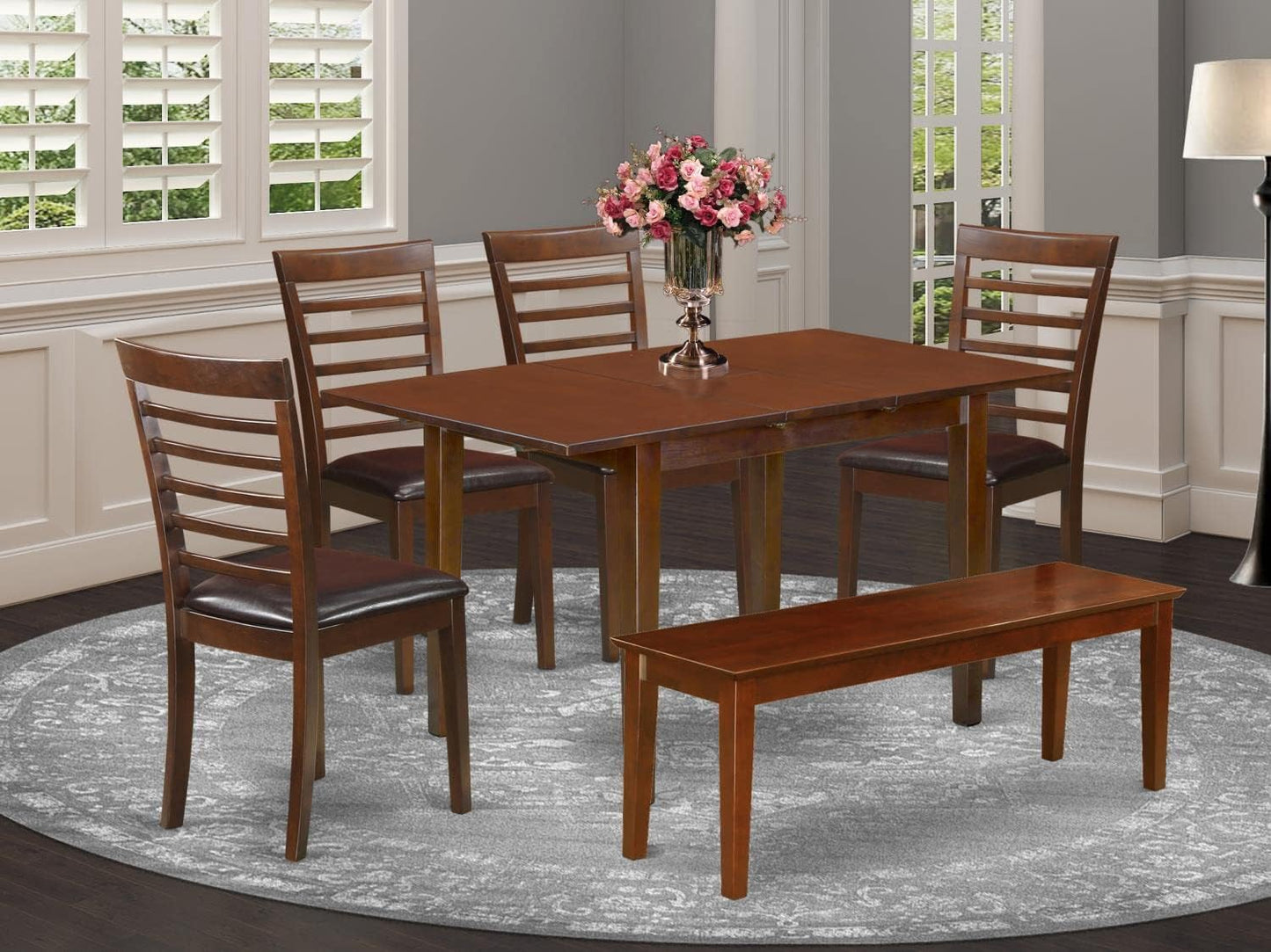 East West Furniture NOML6C-MAH-LC 6 Piece Dining Room Set Contains a Rectangle Kitchen Table with Butterfly Leaf and 4 Faux Leather Dining Chairs with a Bench, 32x54 Inch, Mahogany