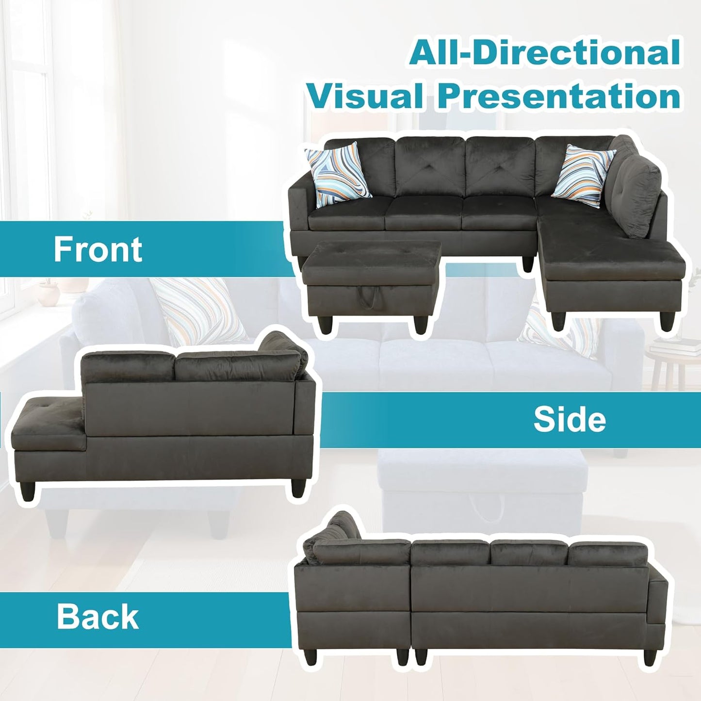 Couches for Living Room Modern L Shaped Couch Comfy Flannel Fabric 3 Pieces Sectional Sofa with Chaise, Ottoman with Storage for Office and Small Apartment, Grey