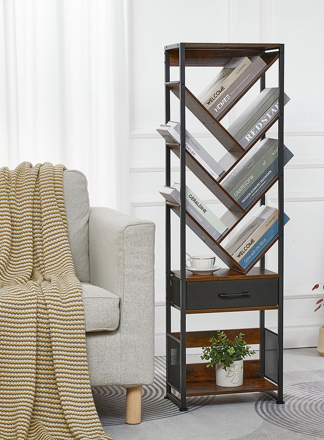 Bookshelf with Drawer,10 Tier Tree Bookcase Retro Floor Standing Bookshelves,Tall Wood Bookcases with Cabinet Storage Organizer for Living Room, Bedroom & Home Office, Classic