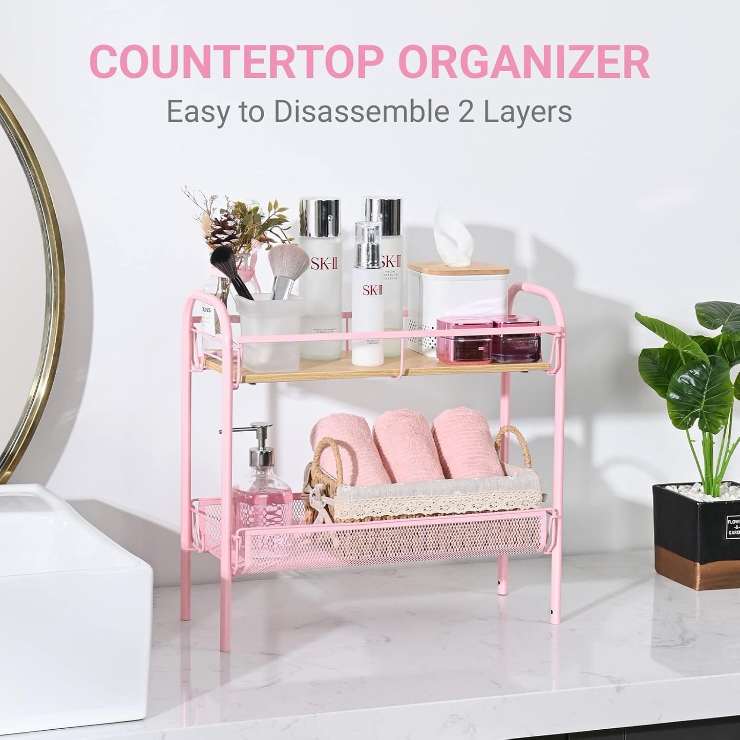 KINGRACK 4-Tier Slim Rolling Cart with Wooden Tabletop, Easy Assemble Metal Utility Cart, Slide Out Narrow Storage Cart for Narrow Space on Bedroom Bathroom Laundry Room Apartments Dormitory, Pink