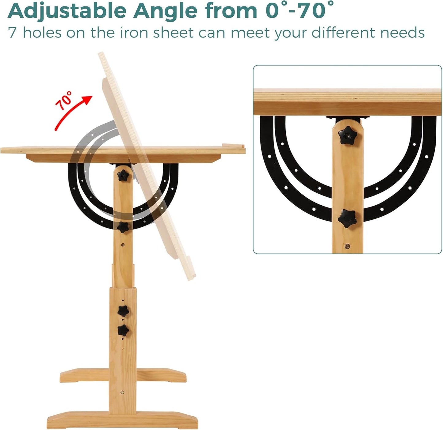 VISWIN Wood Drafting Table for Adults, 30" X 42" Extra-Large Drawing Table with Adjustable Height & Angle for Art Studio, Solid Pine Wood Artist Desk for Drawing, Drafting, Writing, Reading