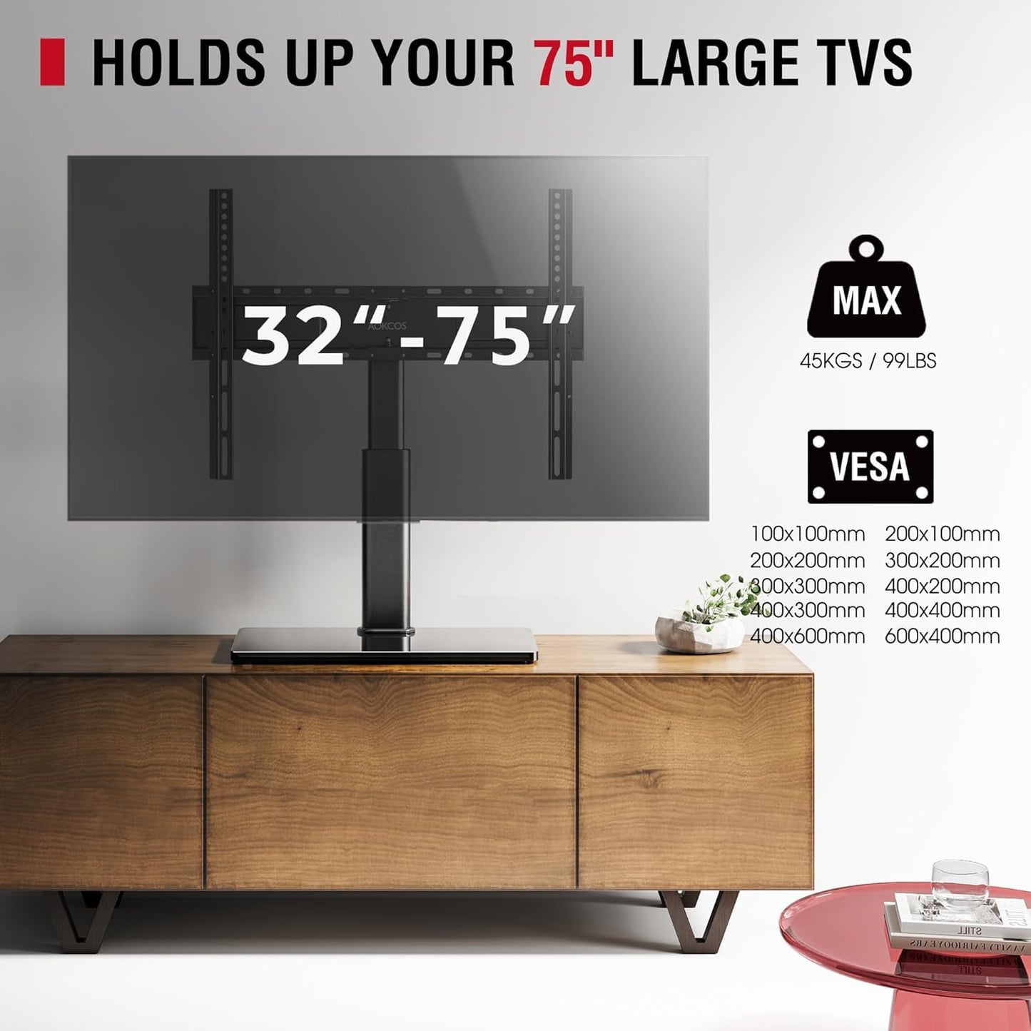 Swivel Universal TV Stand for 32-75 inch TVs with Tilt Down/Up, 8 Levels Height Adjustable Table Top TV Mount Stand with Stable Heavy Duty Tempered Glass Base, MAX VESA 600x400 mm, up to 99lbs, Black