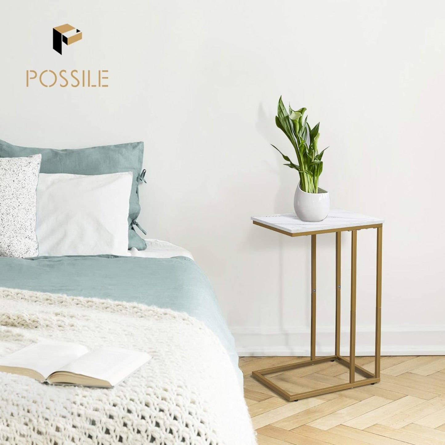 C Shaped End Table Set of 2, Small Side Table for Sofa and Bed, Couch Tables That Slide Under, Snack Side Table for Living Room, Bedroom, White Faux Marble and Gold