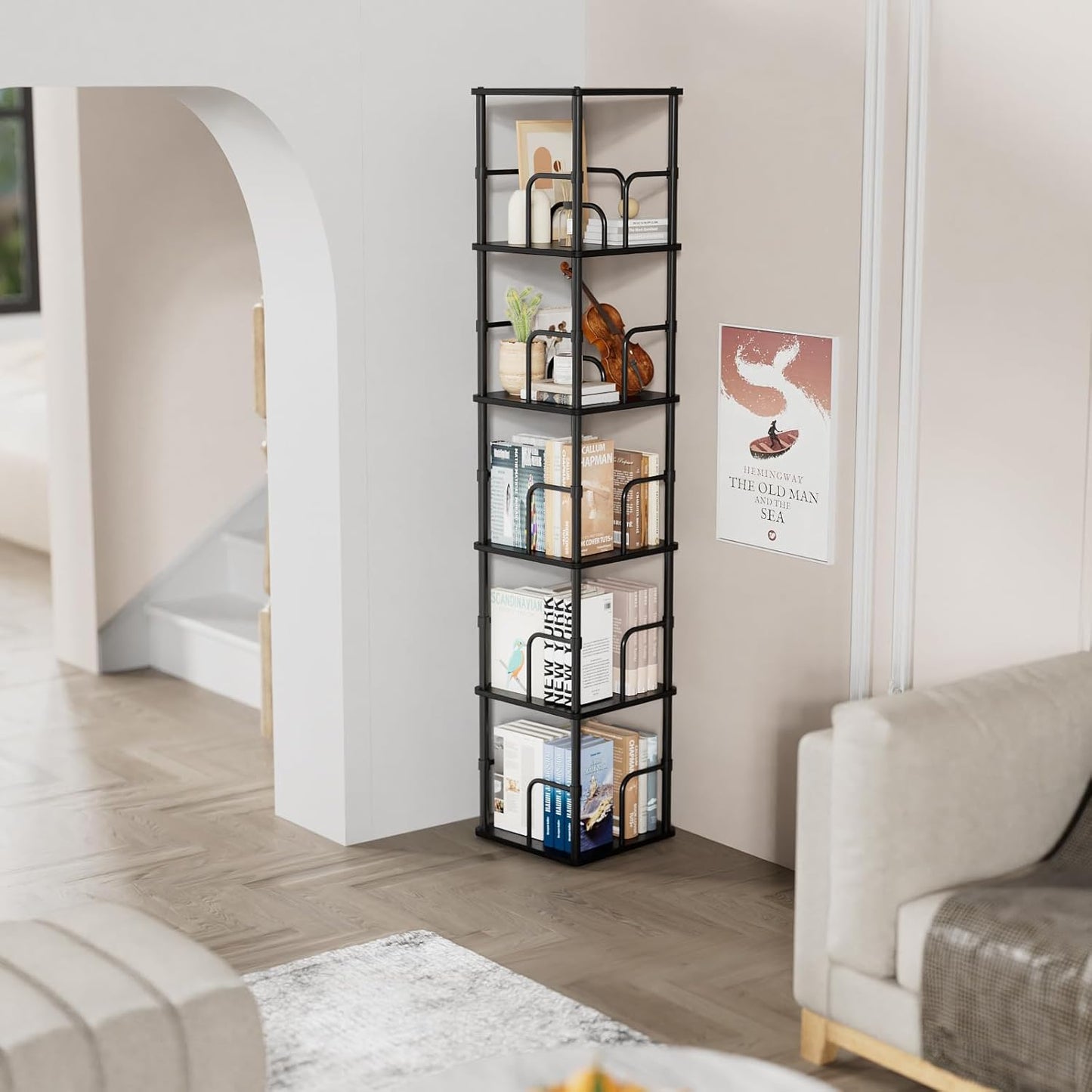 5 Tier Square Rotating Bookshelf, 360 ° Display Stackable Spinning Bookshelf Tower, Space Saving Tall Floor Standing Swivel Bookcase Corner Storage Organizer for Living Room, Black, Small Size