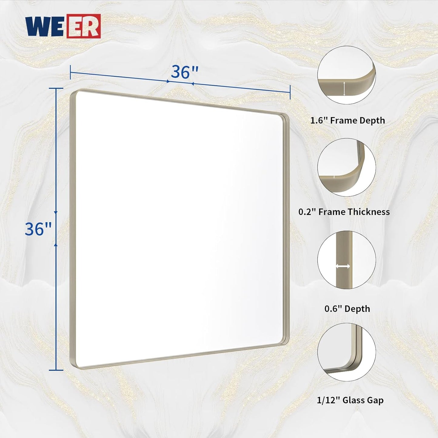 WEER 36X36 Inch Brushed Nickel Bathroom Mirror, Brushed Silver Metal Frame Mirror, Rounded Rectangle Silver Bathroom Vanity Mirror, Tempered Glass, Anti-Rust, Hangs Horizontally or Vertically