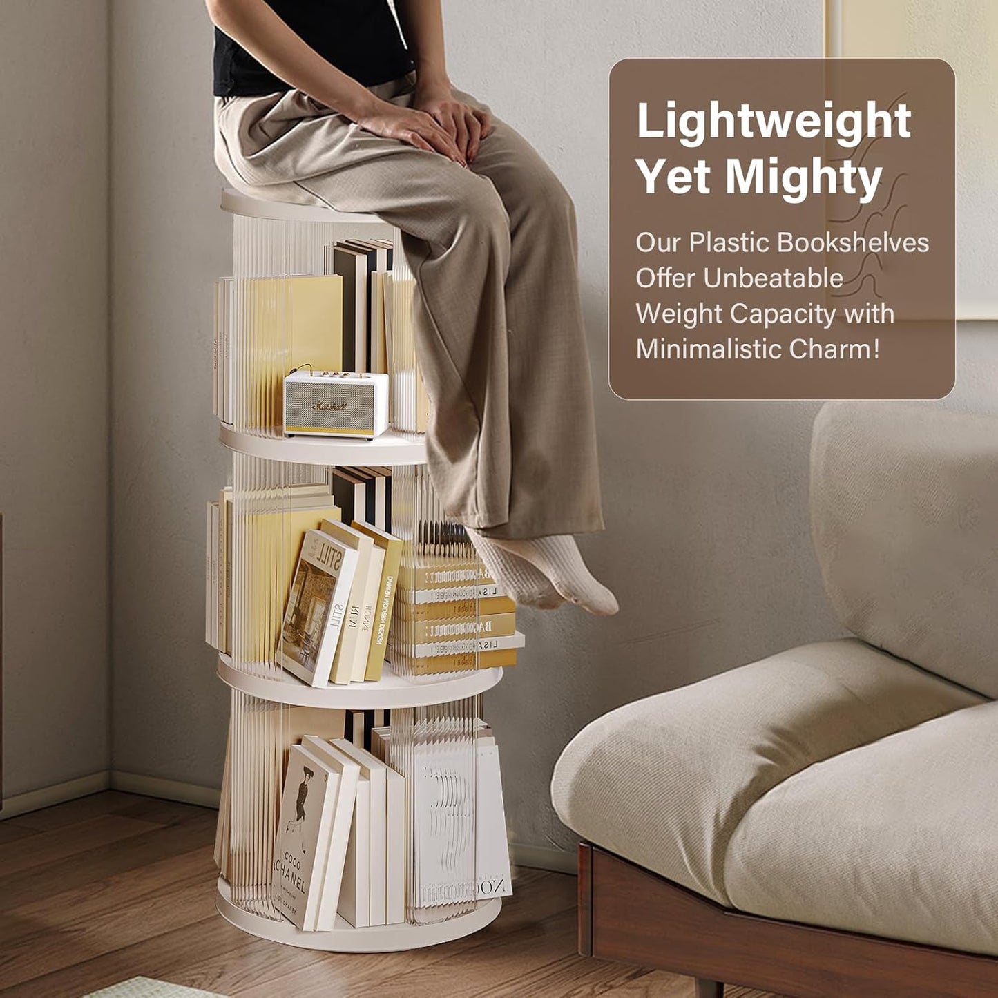 4 Tier Rotating Bookshelf, Small Corner Bookshelf for Small Space, 360 Display Floor Standing Bookcase, Plastic Narrow Book Organizer Shelf for Bedroom, Living Room, Round, White, Lazy Susan