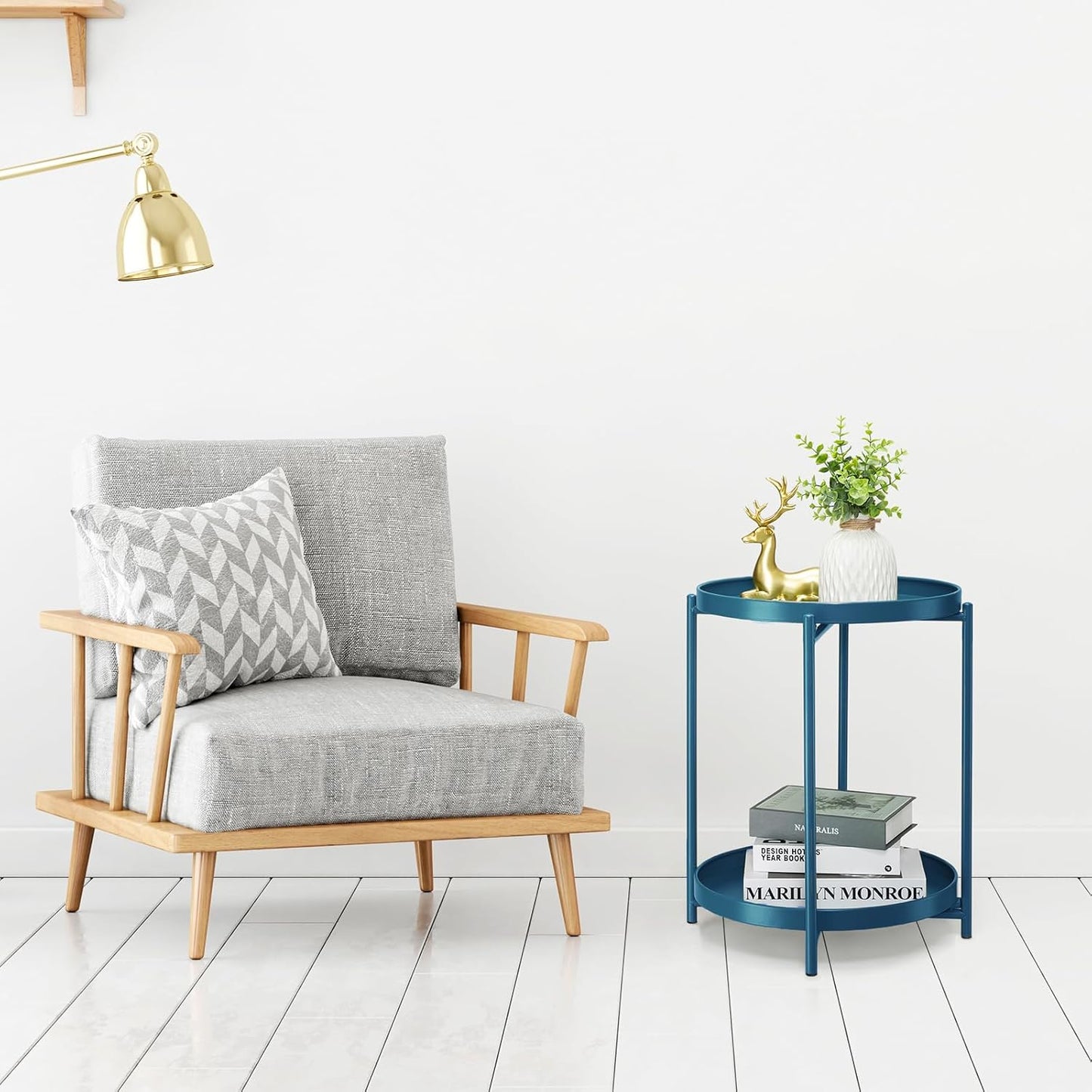 danpinera 2-Tier End Table, Outdoor Side Table Metal Round Side Table with Removable Tray, Small Accent Table, Anti-Rust Nightstand for Bedroom Balcony Patio Living Room (Navy Blue)