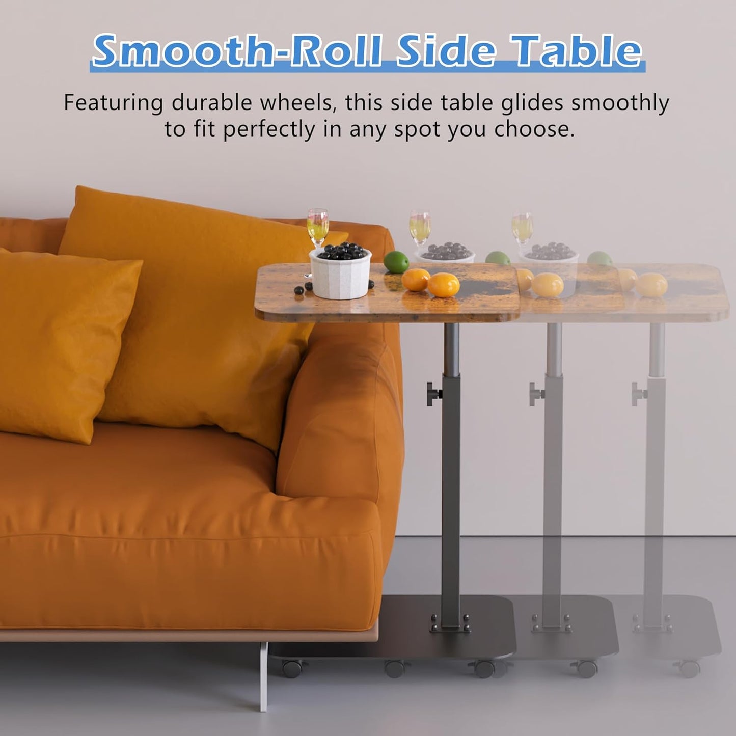 TV Tray Table Heavy Metal Base with Wheel Swivel/Adjustable Height Couch Table, Sofa Arm End Side Table for Living Room and Bedroom, Bed or Small Spaces