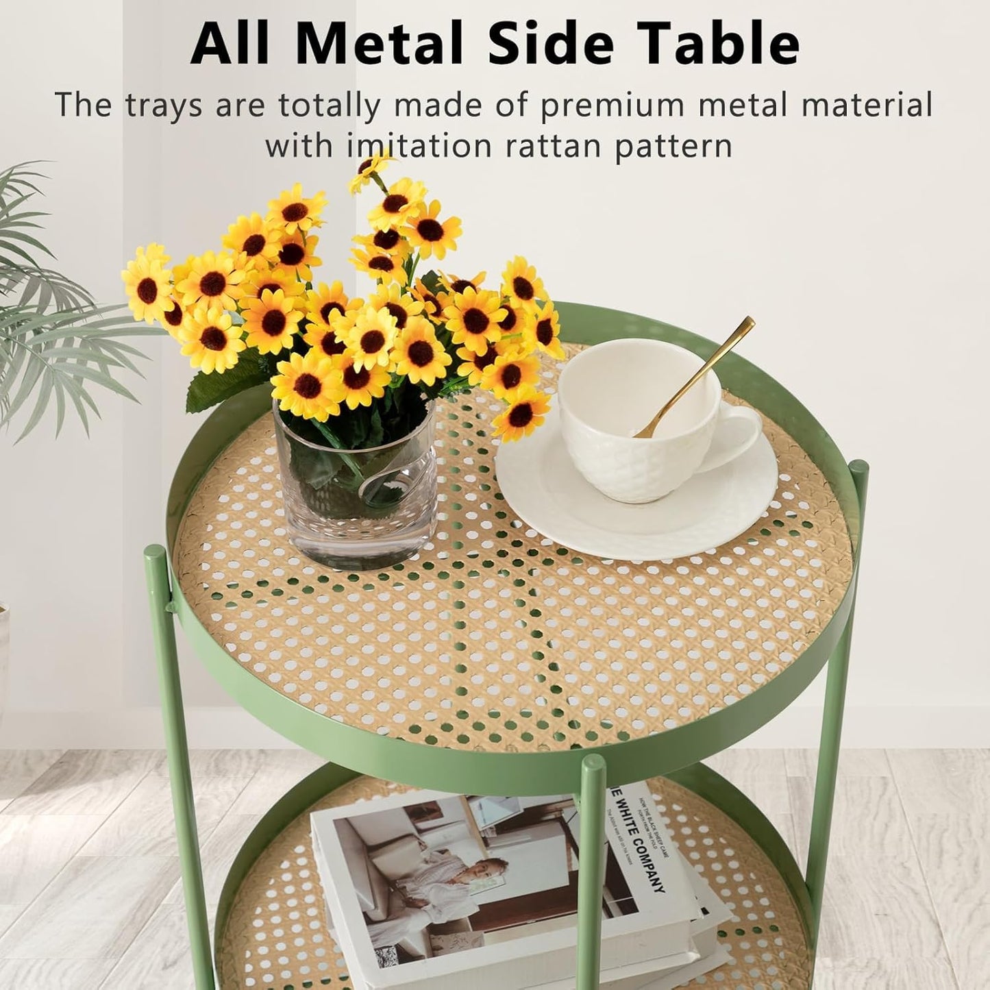 TeoKJ All Metal Side Table, 2 Tier Anti Rust End Table with Imitation Rattan Pattern on Removable Trays, Round Table for Living Room, Small Nightstand for Bedroom 20.47 Inch x 16.54 Inch Green
