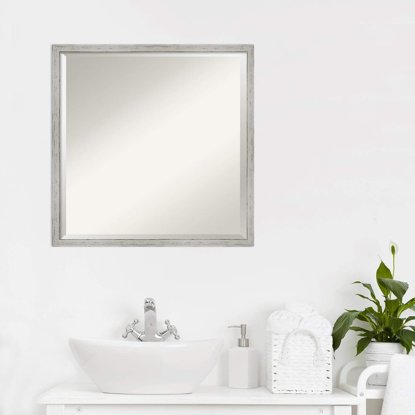 Amanti Art White Bathroom Mirror for Over Sink, 21x21 Shiplap White Narrow Square Vanity Mirror, Medium Cottage Wood Frame, Hangs Horizonally and Vertically, Bathroom Wall Decor, Beveled Edge