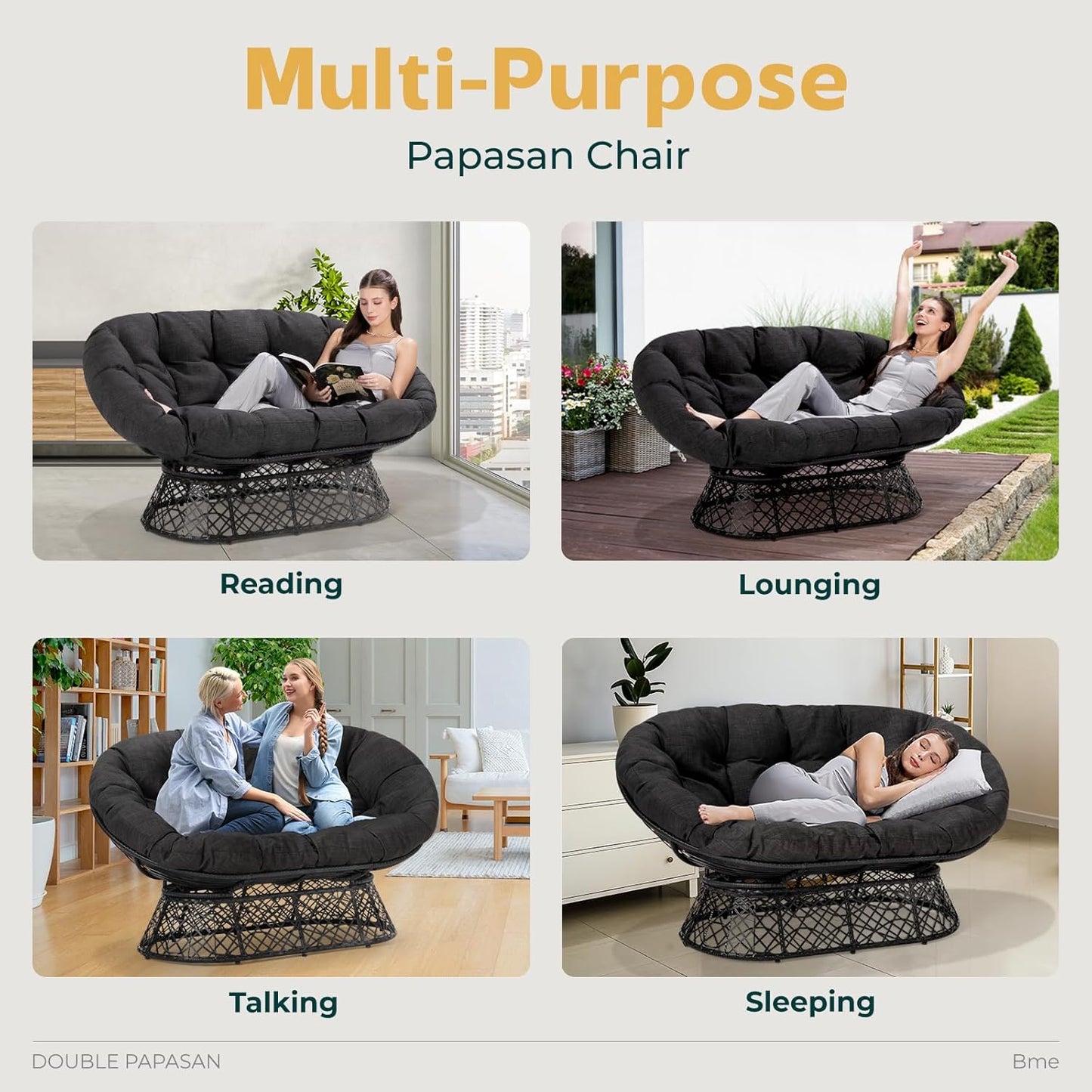 Bme Double Papasan Chair, 600lbs Capacity, Ergonomic Design, Soft Thick Fabric Cushion, Bee-Designed, Durable Steel Frame, 61", Onyx Stone-Black Base