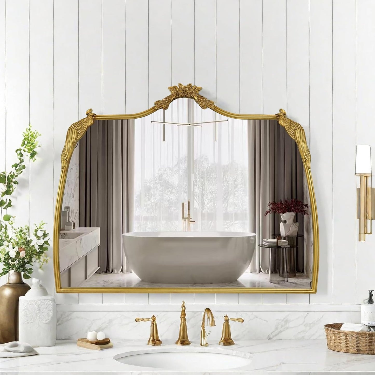 Baroque Mirror with Gold Vintage Decoration, Antique Brass Wall Mounted Mirror for Fireplace/Living Room/Hallway/Bathroom, Retro Palace Style for Decoration