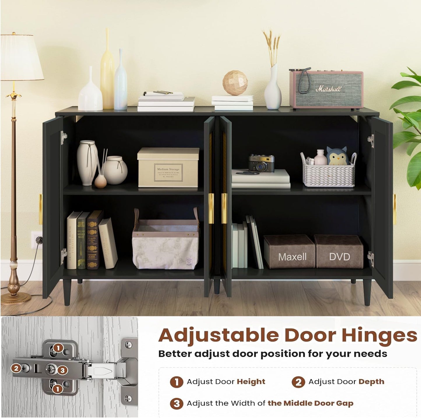 Buffet Sideboard,Kitchen Storage Cabinet with 4 Rattan Decorated Doors,Coffee Bar Cabinet with Adjustable Shelves for Living Room,Hallway,Black