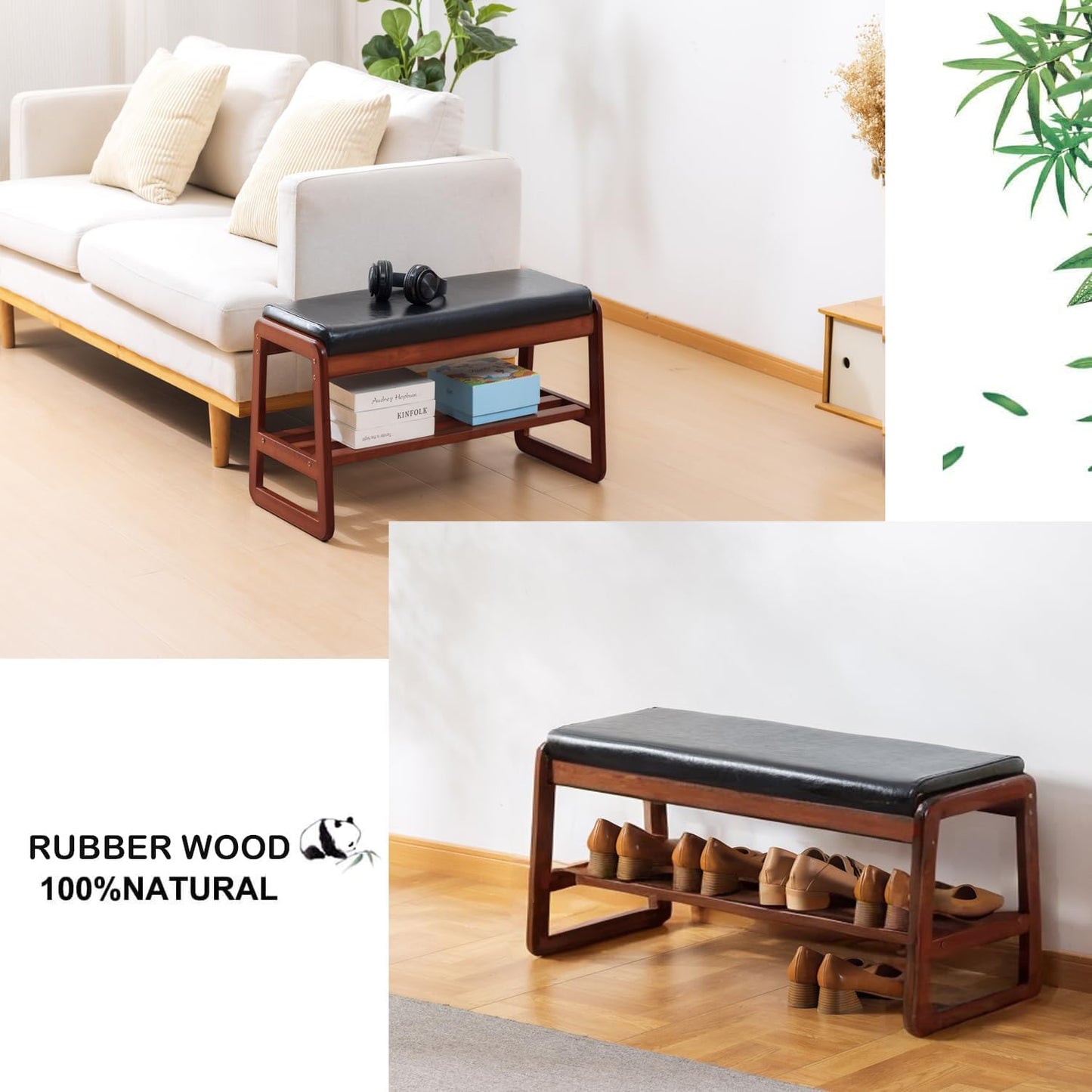 latifolia Solid Wood Bench, Entryway Shoe Bench with Cushion, 2 Tier Shoe Storage Organizer for Hallway, Living Room(Black,39.70''L)