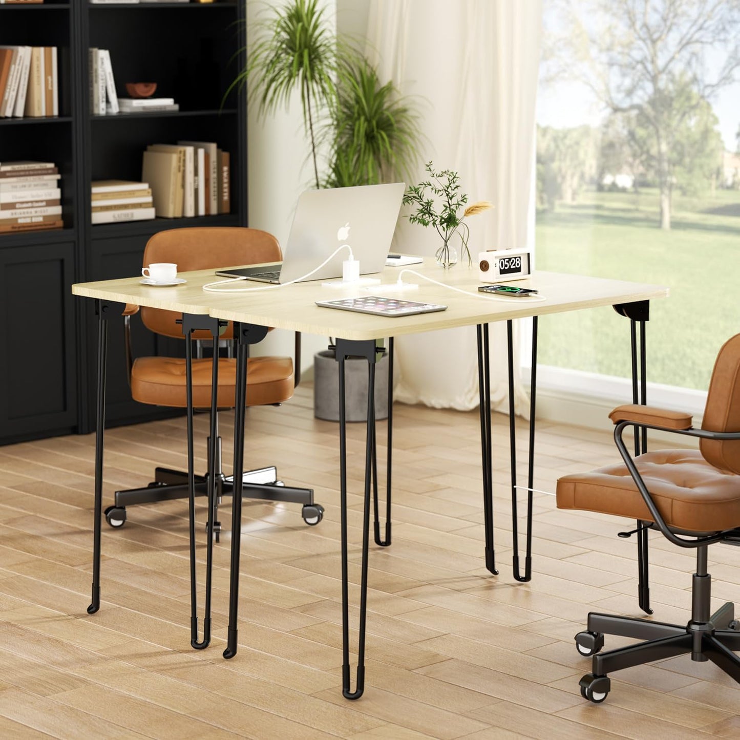 Folding Desk, 31.5" Hairpin Legs Small Desk with Power Strip for Bedroom, Space Saving Foldable Computer Desk for Home Office, No Assembly Need,Beige