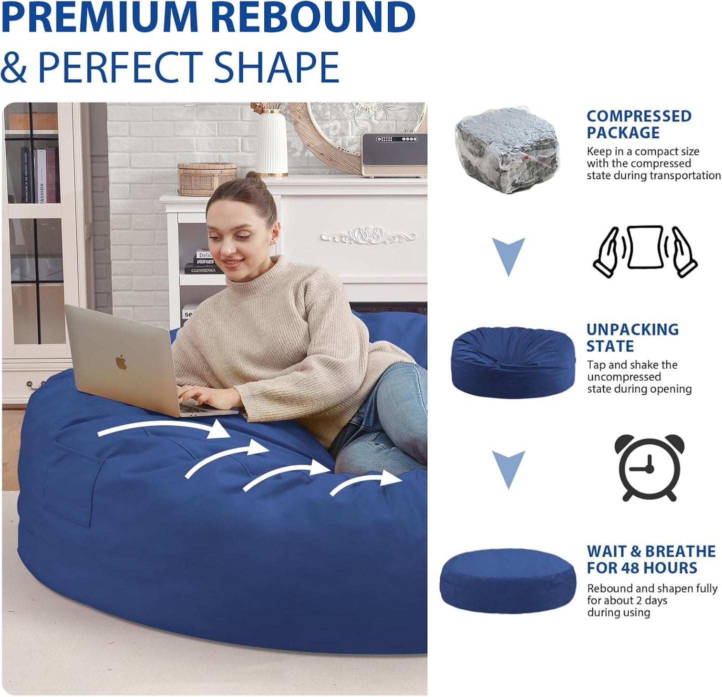 7FT Bean Bag Chair, Large Bean Bag Chairs with Memory Foam Filled, Fluffy Beanbag Sofa with Dutch Velvet Cover, Round BeanBag Chairs for Living Room, Playroom - Blue