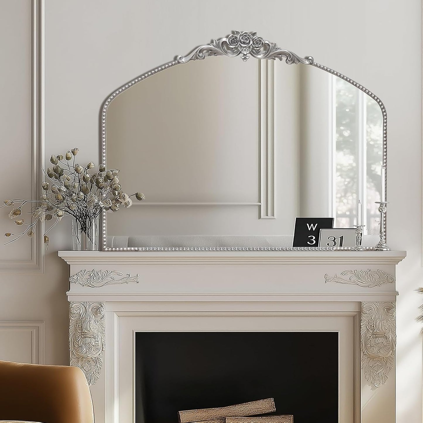 AIXI HOME Silver Arched Mirror, 40" x 30" Traditional Vintage Antique Mantel Mirror with Ornate Metal Frame, Baroque Wall Mounted Mirror for Entryway/Fireplace/Hallway/Bathroom/Living Room/Bedroom