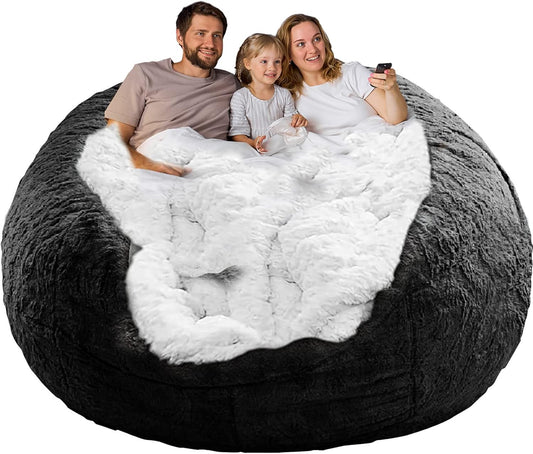 (No Filler) Bean Bag Chair Cover Without Filler,Big Round Soft Fluffy PV Velvet Washable Bean Bag Lazy Sofa Bed Cover for Adults,Living Room Bedroom Furniture Outside,6ft Black