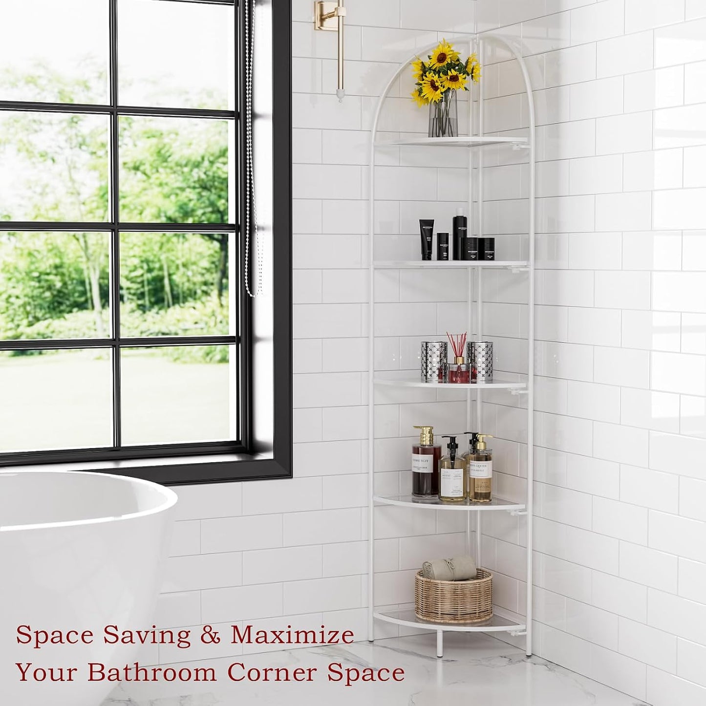 Crofy Foldable 5 Tier Corner Shelf, Metal Corner Plant Stand with White Frame and Transparent Shelves, Corner Display Rack Multipurpose Shelving Unit for Living Room, Bedroom, Bathroom