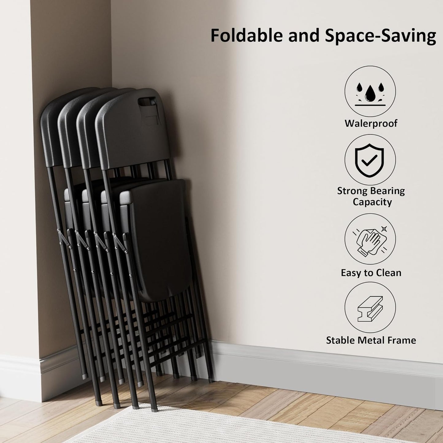 VECELO 4 Pack Folding Chairs, Indoor/Outdoor Use Plastic Seat with Steel Frame, for Events, Office, Wedding, Party, Stackable & Portable, Matte Black