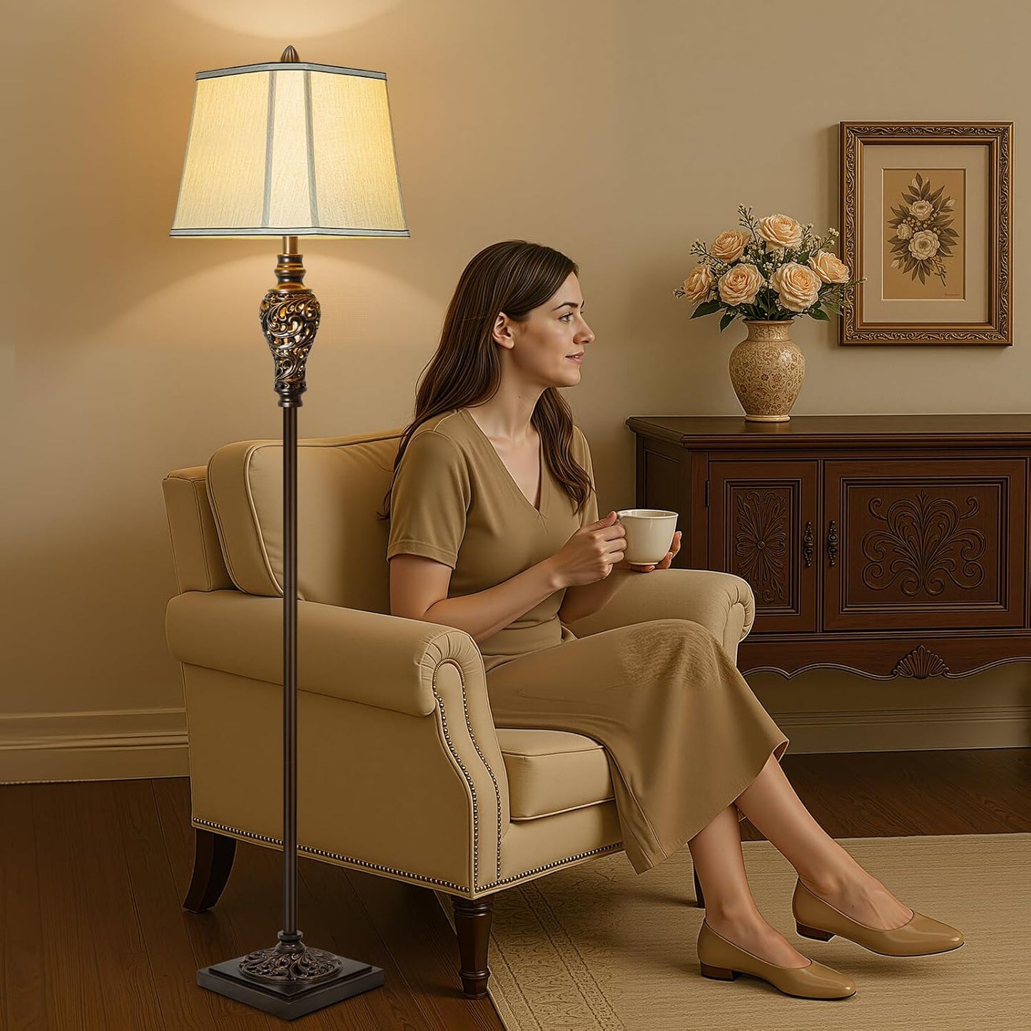 Vintage Floor Lamp with Night Light, 65" Retro Standing Lamp with Brown Finish and Beige Faux Silk Shade, Farmhouse Industrial Design Tall Lamp for Living Room Bedroom Bedside Corner (Bulb Included)