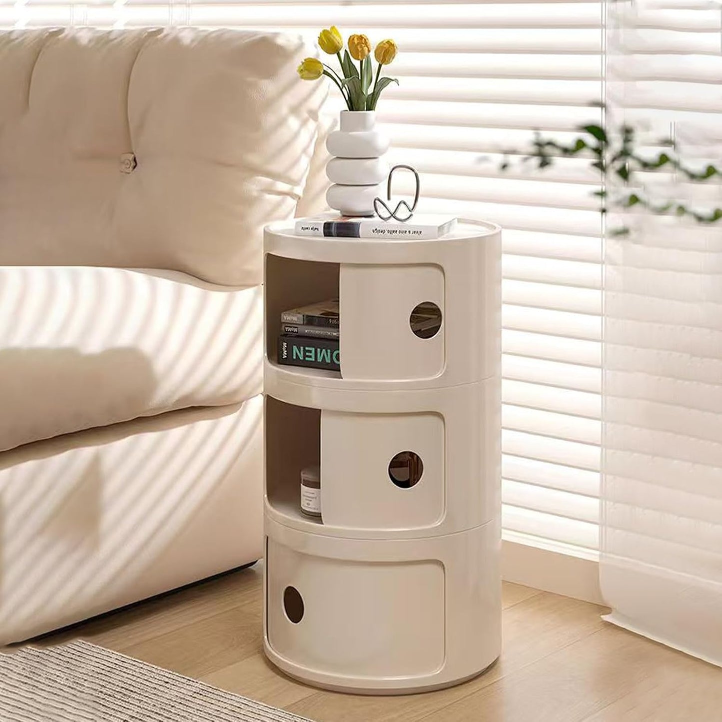 3 Tier Round Nightstand with Drawer, White Round Side Table Small Plastic Storage End Table Suitable for Bedroom, Living Room, Bathroom (White)